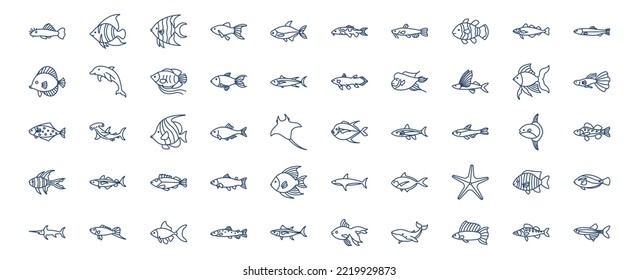 Collection of icons related to Fishes, including icons like Dolphin, Star Fish, Whale, Shark Fish and more. vector illustrations, Pixel Perfect set
