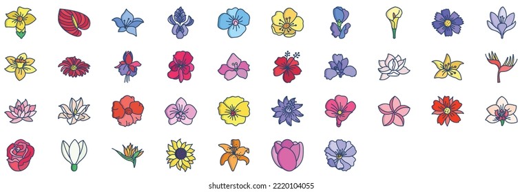 Collection of icons related to Flowers, including icons like Iris, Poppy, Snowdrop, Rose and more. vector illustrations, Pixel Perfect set