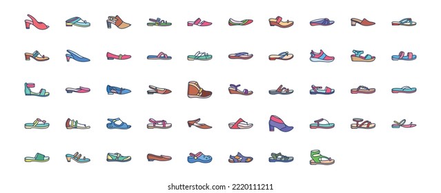 Collection of icons related to Footwear, including icons like Sandals, high heels,, accessories and more. vector illustrations, Pixel Perfect set