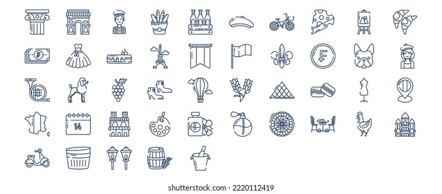 Collection of icons related to France, including icons like Artist, Bar, Perfume, Ancient Pillar and more. vector illustrations, Pixel Perfect set
