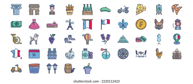 Collection of icons related to France, including icons like Artist, Bar, Perfume, Ancient Pillar and more. vector illustrations, Pixel Perfect set
