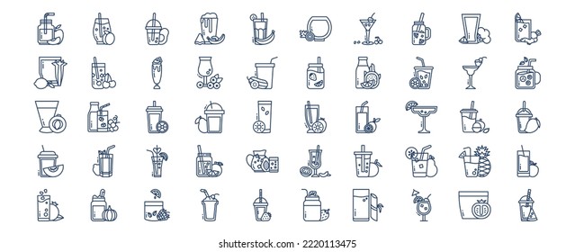 Collection of icons related to Fruit juice, including icons like Apple, , Avocado, Cherry, banana and more. vector illustrations, Pixel Perfect set
