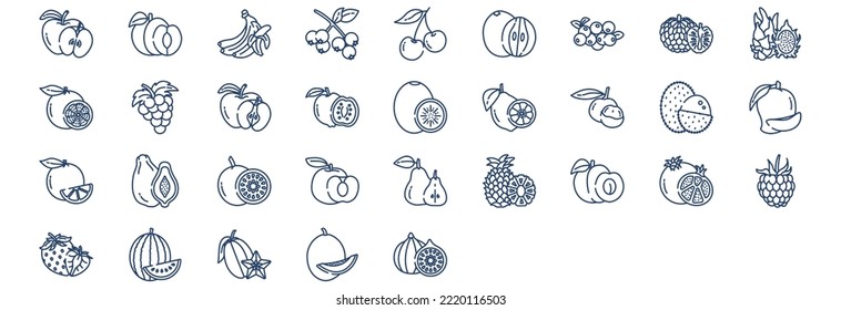 Collection of icons related to Fruits, including icons like apple, banana, grape, pomegranate, and more. vector illustrations, Pixel Perfect set
