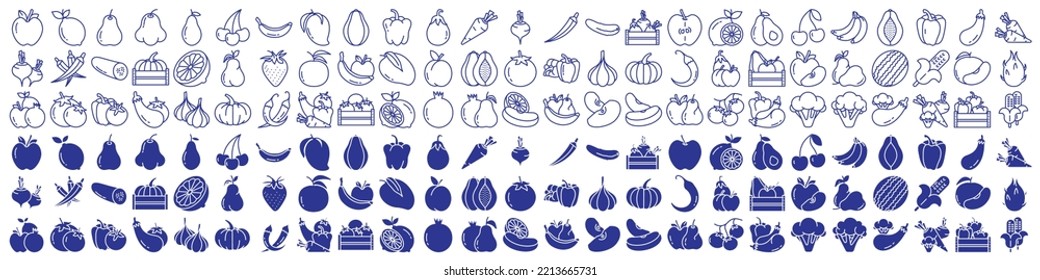 
Collection of icons related to Fruits and Vegetables, including icons like Apple, Lemon, Pear, Avocado and more. vector illustrations, Pixel Perfect