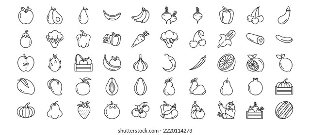 Collection of icons related to Fruits and Vegetables, including icons like Apple, Avocado, Banana, Carrot and more. vector illustrations, Pixel Perfect set