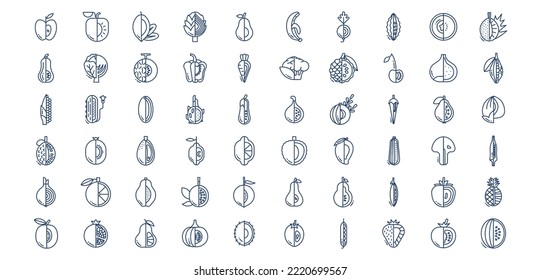 Collection of icons related to Fruits and vegetables, including icons like Pineapple, artichoke, Cherry, Peas and more. vector illustrations, Pixel Perfect set