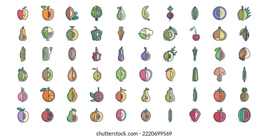 Collection of icons related to Fruits and vegetables, including icons like Pineapple, artichoke, Cherry, Peas and more. vector illustrations, Pixel Perfect set