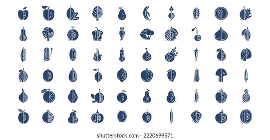 Collection of icons related to Fruits and vegetables, including icons like Pineapple, artichoke, Cherry, Peas and more. vector illustrations, Pixel Perfect set