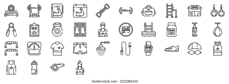 Collection of icons related to Gym and exercise, including icons like Bench Press, Chest Expander, Dumbbell, Gym Bag and more. vector illustrations, Pixel Perfect set