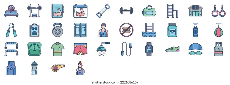 Collection of icons related to Gym and exercise, including icons like Bench Press, Chest Expander, Dumbbell, Gym Bag and more. vector illustrations, Pixel Perfect set