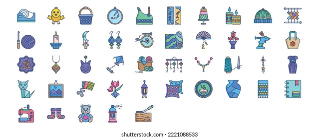 Collection of icons related to Handmade craft, including icons like Basket, Beadwork, Candles, Cap and more. vector illustrations, Pixel Perfect set