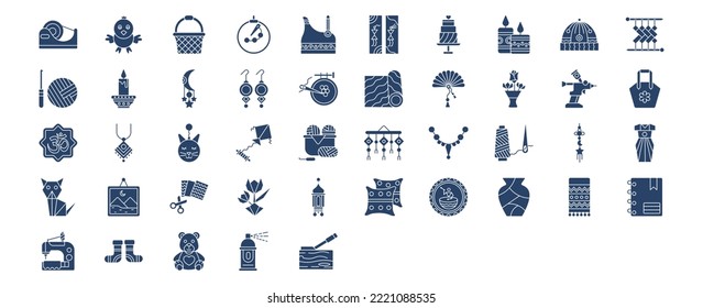 Collection of icons related to Handmade craft, including icons like Basket, Beadwork, Candles, Cap and more. vector illustrations, Pixel Perfect set