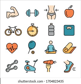 Collection of icons related to healthy lifestyle, healthy eating, diet, exercise, relaxing
