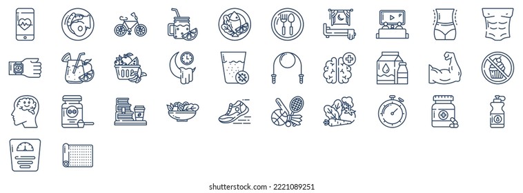 Collection of icons related to Healthy Lifestyle, including icons like Breakfast, Cycle, Diet meal, Diet and more. vector illustrations, Pixel Perfect set
