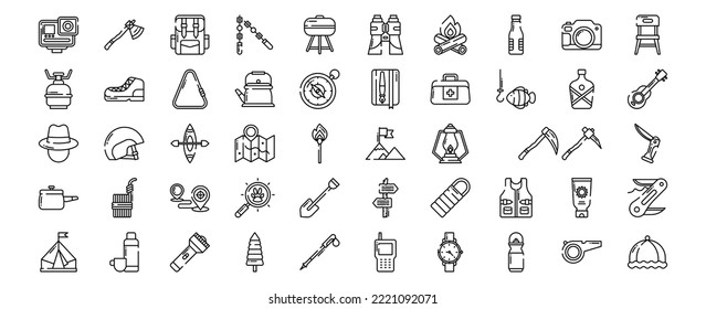 Collection of icons related to Hiking and trekking, including icons like Action Camera, Backpack, Bbq, Binoculars and more. vector illustrations, Pixel Perfect set