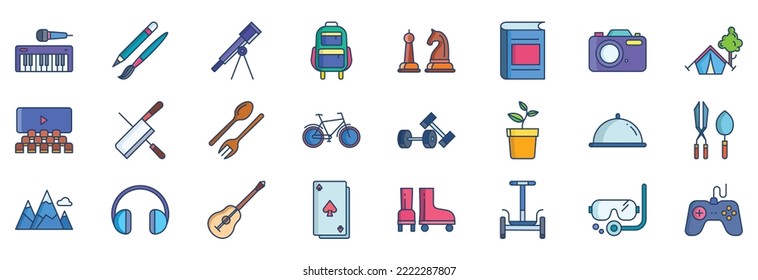 Collection of icons related to Hobbies and free time, including icons like Music, Art, Gams, Cinema and more. vector illustrations, Pixel Perfect set