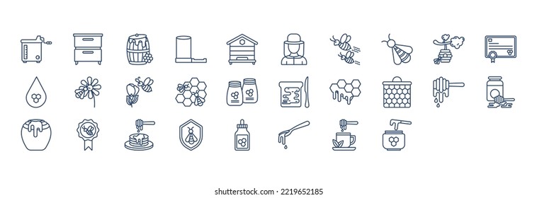 Collection of icons related to Honey bee farming, including icons like Apiary, Barrel, Drop and more. vector illustrations, Pixel Perfect set
