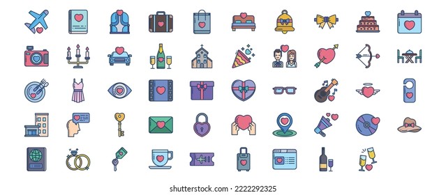 
Collection of icons related to Honeymoon and romance, including icons like Airplane, Photo album, Bag, Cake and more. vector illustrations, Pixel Perfect set
