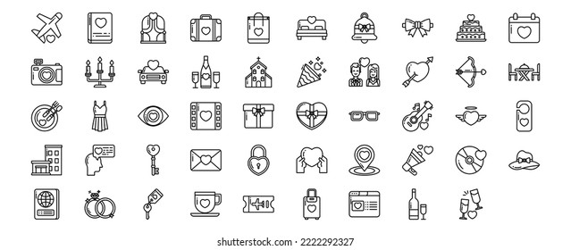 
Collection of icons related to Honeymoon and romance, including icons like Airplane, Photo album, Bag, Cake and more. vector illustrations, Pixel Perfect set
