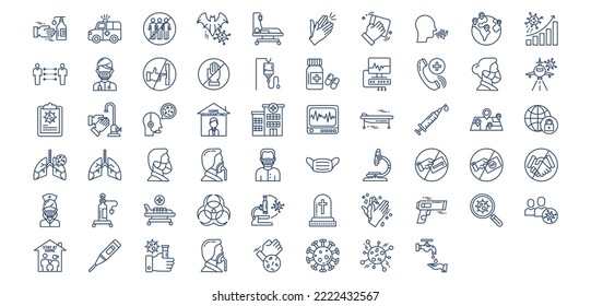 Collection of icons related to Hygiene and covid virus, including icons like Ambulance, Antiseptic, Cleaning, Cough and more. vector illustrations, Pixel Perfect set
