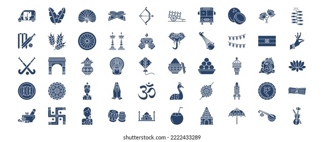 Collection of icons related to India country and culture, including icons like Banana Leaf, Coconut, Hokey, Elephant and more. vector illustrations, Pixel Perfect set
