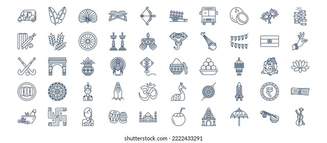 Sammlung von Symbolen, die mit Indien Land und Kultur in Zusammenhang stehen, einschließlich Symbolen wie Banana Leaf, Coconut, Hokey, Elephant und mehr. Vektorgrafiken, Pixel Perfect Set
