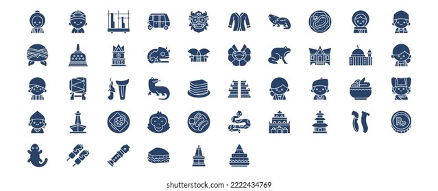 Kollektion von Symbolen, die mit Indonesien zu tun haben, einschließlich Symbolen wie Bajaj auto, Barong Mask, Komodo, Chicken und mehr. Vektorgrafiken, Pixel Perfect Set
