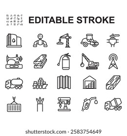 Collection of icons related to industry, Construction, Textile industry and more. Thin line vector illustration.
