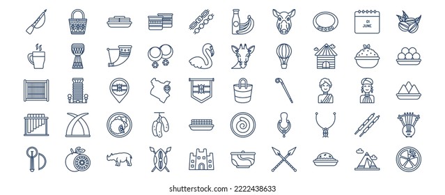 Collection of icons related to Kenya country and culture, including icons like Maasai,  Bracelet, Djembe, Drinking Horn, and more. vector illustrations, Pixel Perfect set
