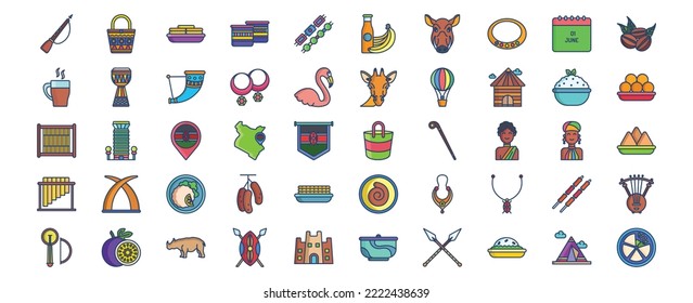 Collection of icons related to Kenya country and culture, including icons like Maasai,  Bracelet, Djembe, Drinking Horn, and more. vector illustrations, Pixel Perfect set
