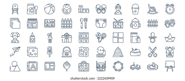 Collection of icons related to Kindergarten School, including icons like Baby Chair, Baby Food, Ball, Bid,  and more. vector illustrations, Pixel Perfect set
