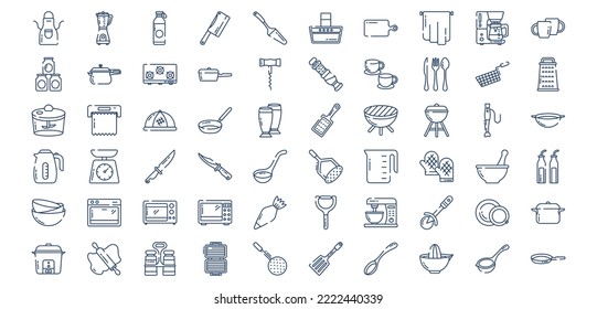 Collection of icons related to Kitchen Tools, including icons like Apron, Butcher knife, Cooker, Coffee mug and more. vector illustrations, Pixel Perfect set
