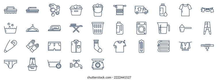 Collection of icons related to Laundry and dry cleaners, including icons like Cloth, Bucket, wash, Dress and more. vector illustrations, Pixel Perfect set
