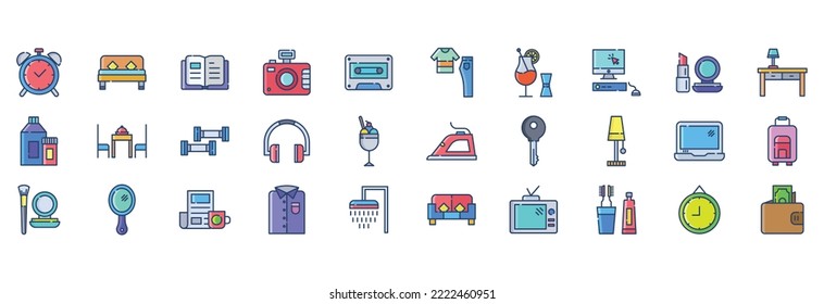 Collection of icons related to Lifestyle, including icons like Alarm, Bed, Book, Camera and more. vector illustrations, Pixel Perfect set