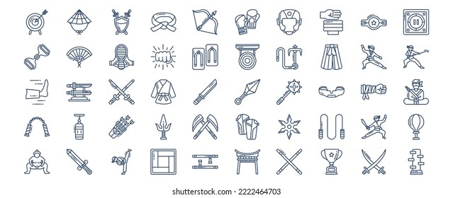 Collection of icons related to Martial arts and karate, including icons like Judo, Ninja, Sumo, Kick and more. vector illustrations, Pixel Perfect set