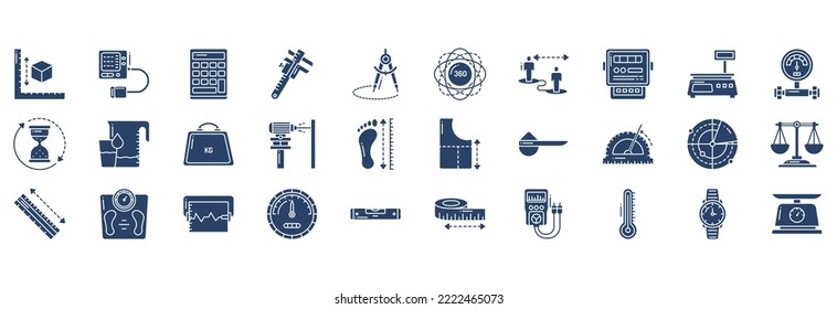 Collection of icons related to Measurements, including icons like Calculator, Caliper, Compass, Degree and more. vector illustrations, Pixel Perfect set

