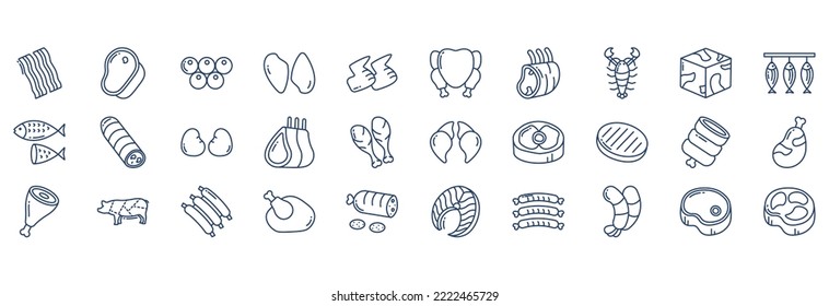 Collection of icons related to Meat and Non veg, including icons like Bacon strips, Beef, Caviar, Chicken breast and more. vector illustrations, Pixel Perfect set
