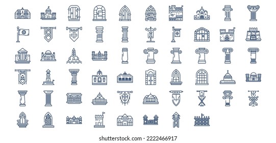 
Collection of icons related to Medieval architecture, including icons like Castle, Corinthian pillar, Fort, Palace and more. vector illustrations, Pixel Perfect set
