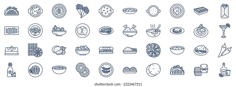 Collection of icons related to Mexican food, including icons like Soup, Cocido, Churro, Duros, Fajita and more. vector illustrations, Pixel Perfect set
