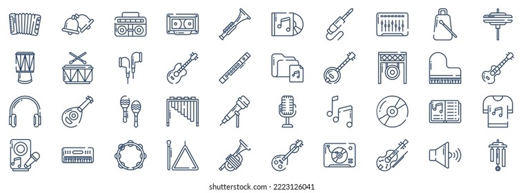 Collection of icons related to Music instrument, including icons like Accordion, Bell, Boombox, Casette and more. vector illustrations, Pixel Perfect set