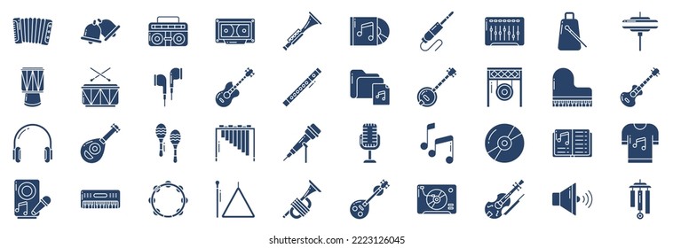 Collection of icons related to Music instrument, including icons like Accordion, Bell, Boombox, Casette and more. vector illustrations, Pixel Perfect set