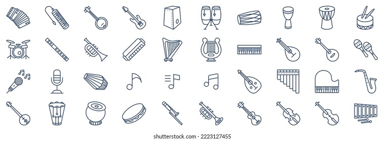 Collection of icons related to Music Instruments, including icons like Accordion, Banjo, Bass Guitar, Conga and more. vector illustrations, Pixel Perfect set