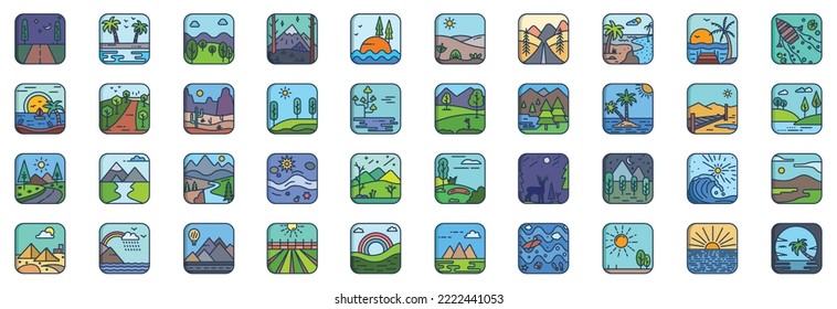 Sammlung von Symbolen im Zusammenhang mit der Natur Landschaft, einschließlich Symbolen wie Fluss, Berg, Baum, Himmel und mehr. Vektorgrafiken, Pixel Perfect Set
