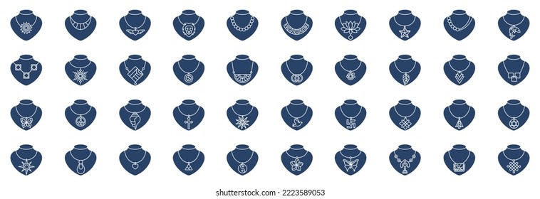 Collection of icons related to Necklace and jewelry, including icons like Sun, Fish, Bird, Dolphin and more. vector illustrations, Pixel Perfect set
