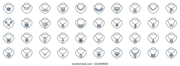 Collection of icons related to Necklace and jewelry, including icons like Sun, Fish, Bird, Dolphin and more. vector illustrations, Pixel Perfect set
