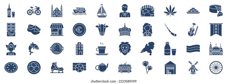 Collection of icons related to Netherland, including icons like Beer, Bicycle, Canal, Boat and more. vector illustrations, Pixel Perfect set
