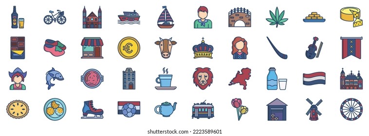 Collection of icons related to Netherland, including icons like Beer, Bicycle, Canal, Boat and more. vector illustrations, Pixel Perfect set
