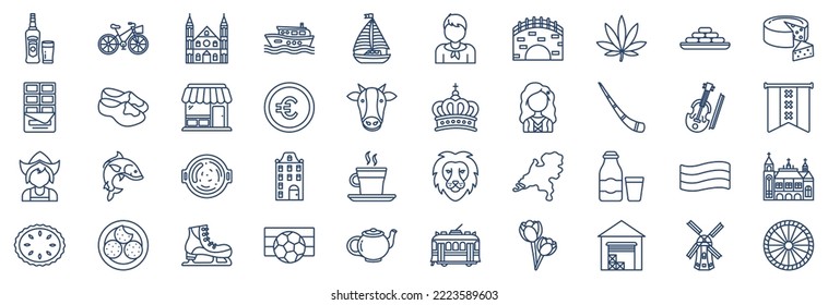 Collection of icons related to Netherland, including icons like Beer, Bicycle, Canal, Boat and more. vector illustrations, Pixel Perfect set
