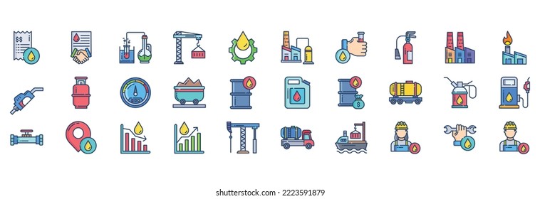 Collection of icons related to Oil Industry, including icons like Bill, Business, Crane, Experiment and more. vector illustrations, Pixel Perfect set
