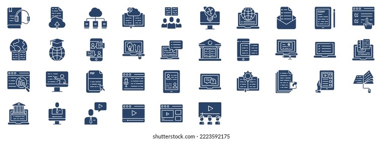 Collection of icons related to Online Education, including icons like Audio Book, Cloud Library, Examination, Graduation and more. vector illustrations, Pixel Perfect set
